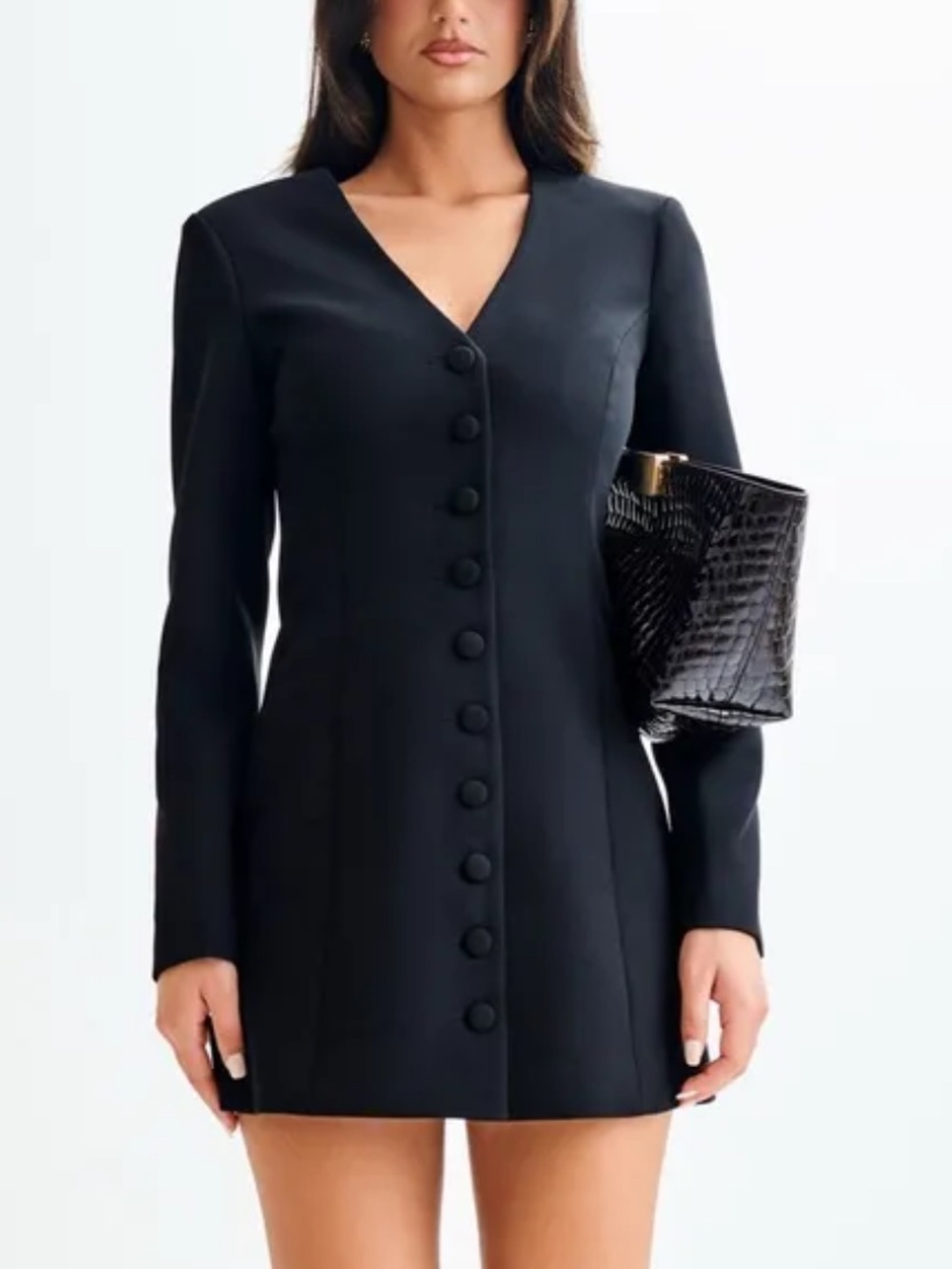 Meshki Black V-Neck Button Mini Dress